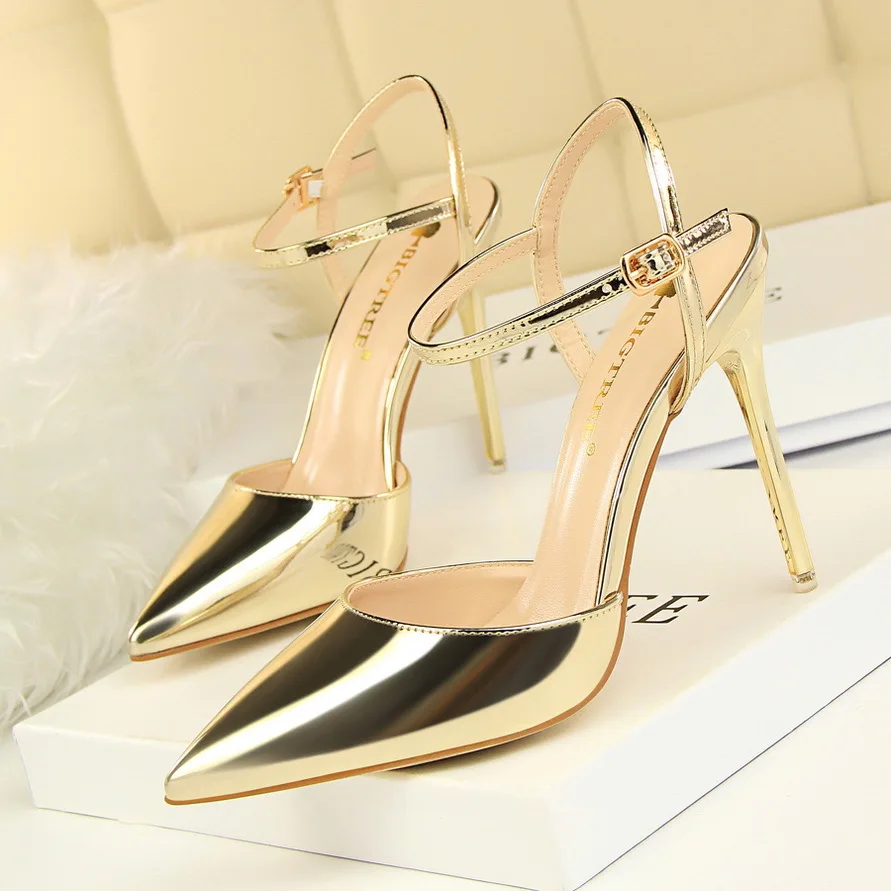 Autumn Metal Crystal Silk Slippers Women Pointed Toe Stripper High Heels