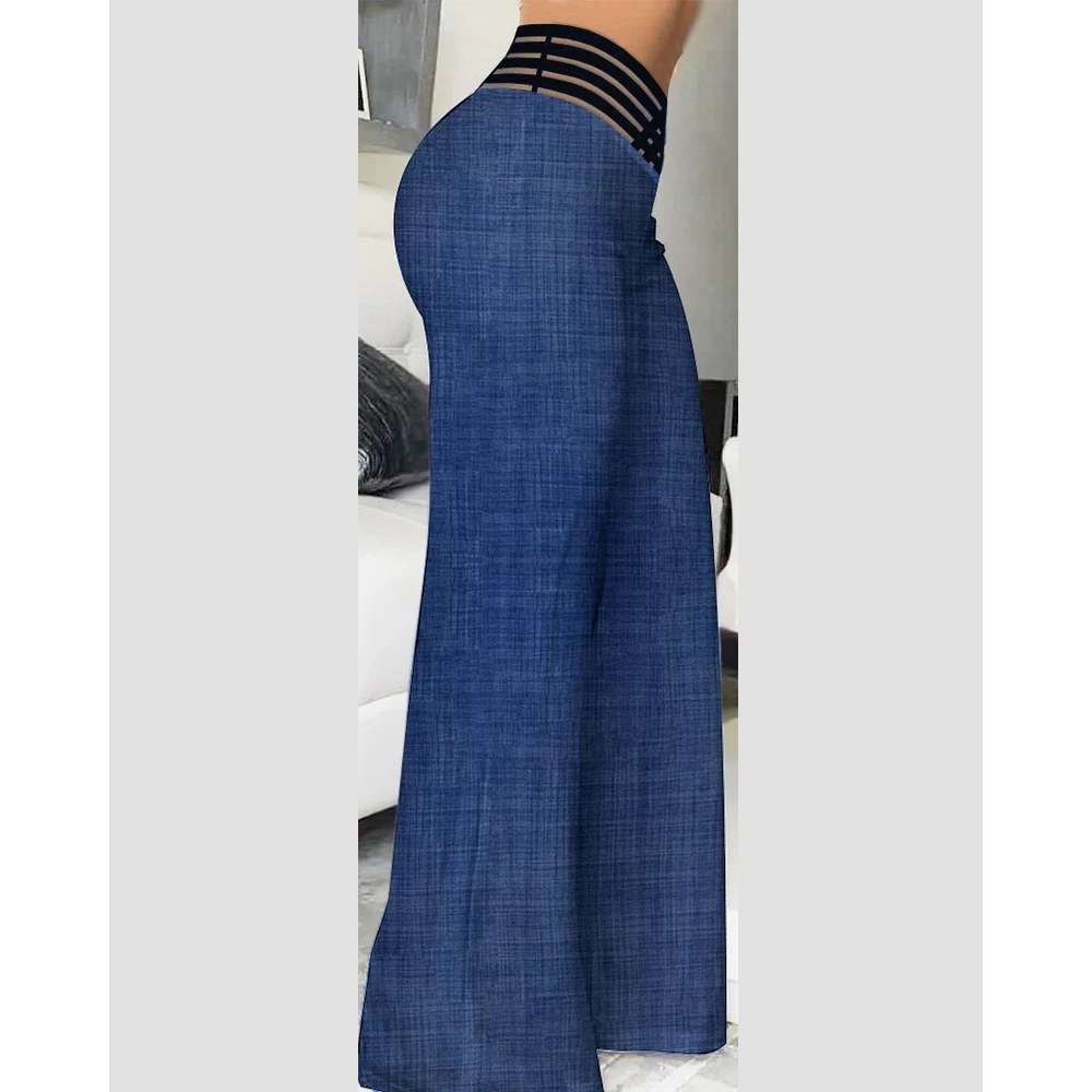 Crisscross Sheer Mesh Patch Pants for Women 2023 Autumn Casual Female High Waiat Wide Leg Work Pants Office Long Trouses korean