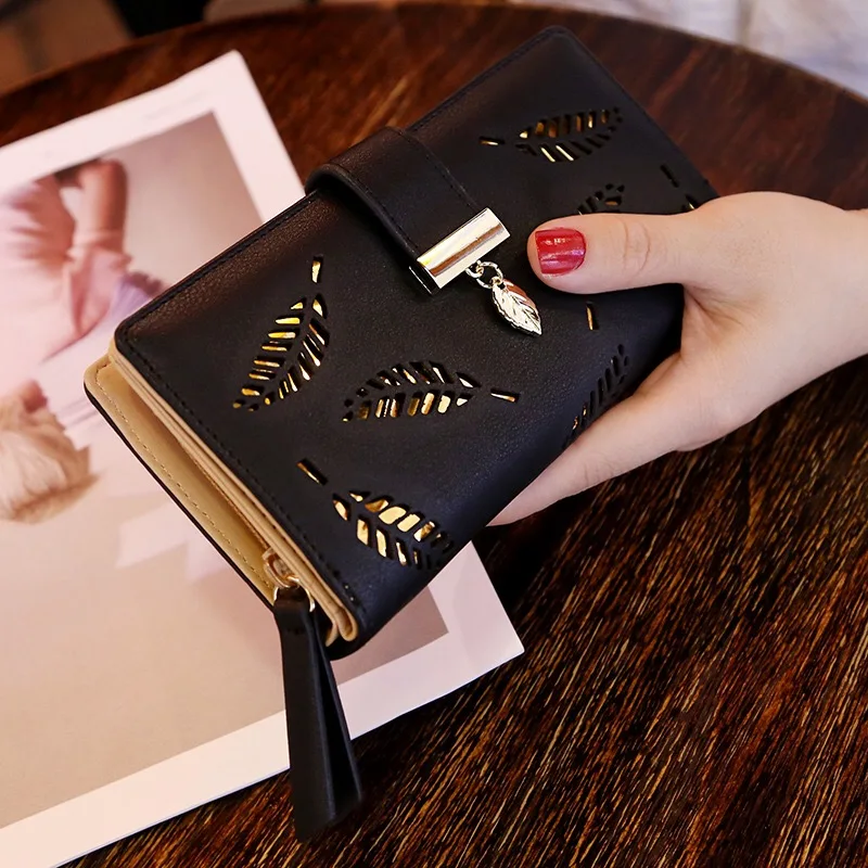 2023 New Women Wallet Hollow Golden Leaf Buckle Wallet PU Leather Purse Female Long Wallet Women Coin Purse Card Holders Clutch