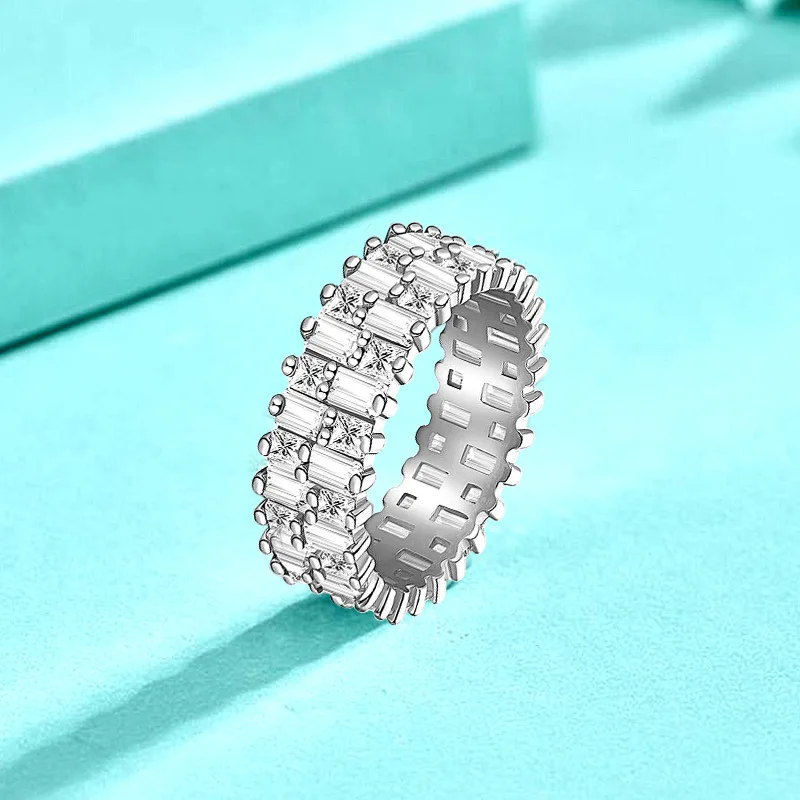 

New Women's 925 Sterling Silver Ring Rectangular Zircon Interval Round European and American Fashion Jewelry Couple Gift