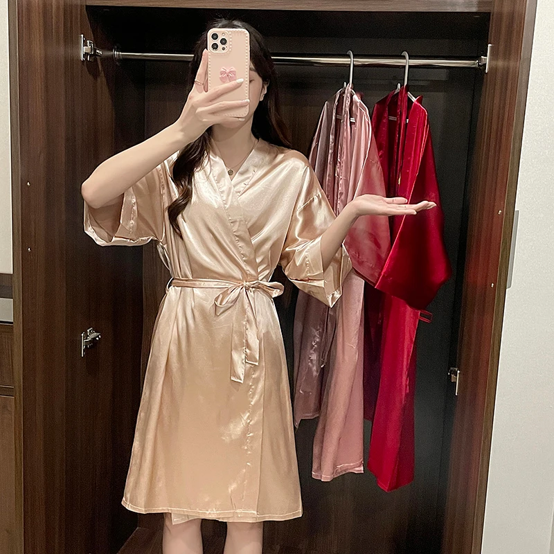 Female Bathrobe Sexy Peignoir Femme Silk Kimono Bride Dressing Gown Fashion Satin Robe Sleepwear Night Grow For Women Plus Size