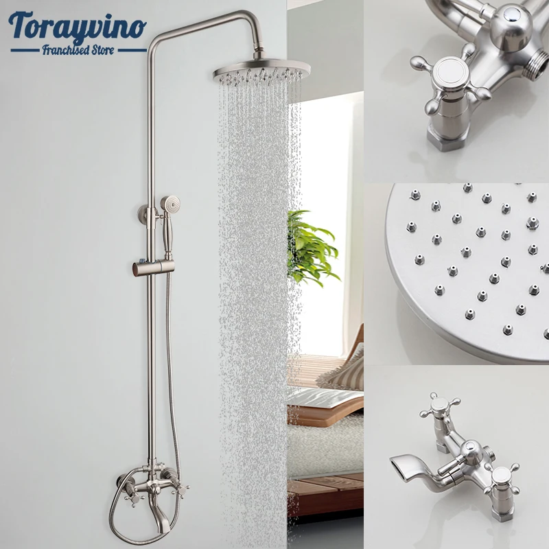 

Torayvino Wall Mounted Bathroom Shower Set Nickel Brushed Dual Handles With Hand Shower Hot Cold Rainfall Stream Water Mixer Tap