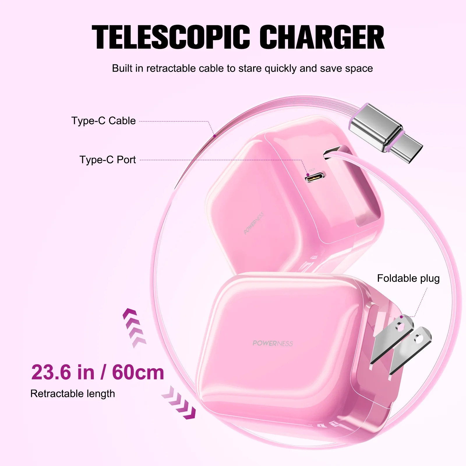 Unew USB-C Charger Adapter 35W 3A Fast Charging 60cm Retractable Cable Travel Charger for iPhone Xiaomi