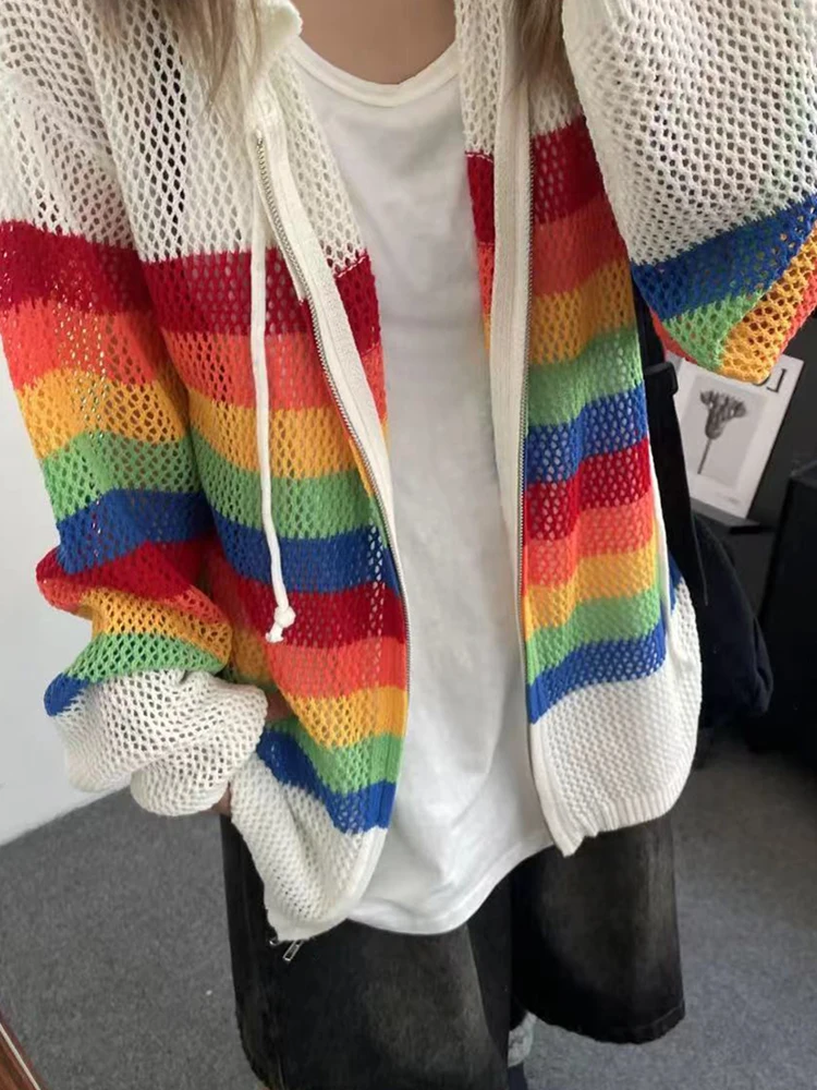 Fashion Rainbow Striped Knitted Cardigans Men Hoodie Autumn Trendy Patchwork Hollow Out Mesh Hooded Jackets Mens Outerwear