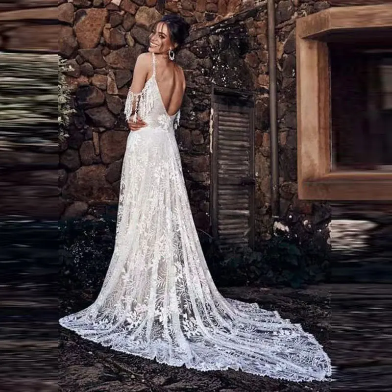 New Style Boho Lace Wedding Dresses V-neck Spaghetti Straps Long Gowns A-line Sweep Train Vestido De Novia 2022 Boda Elegante