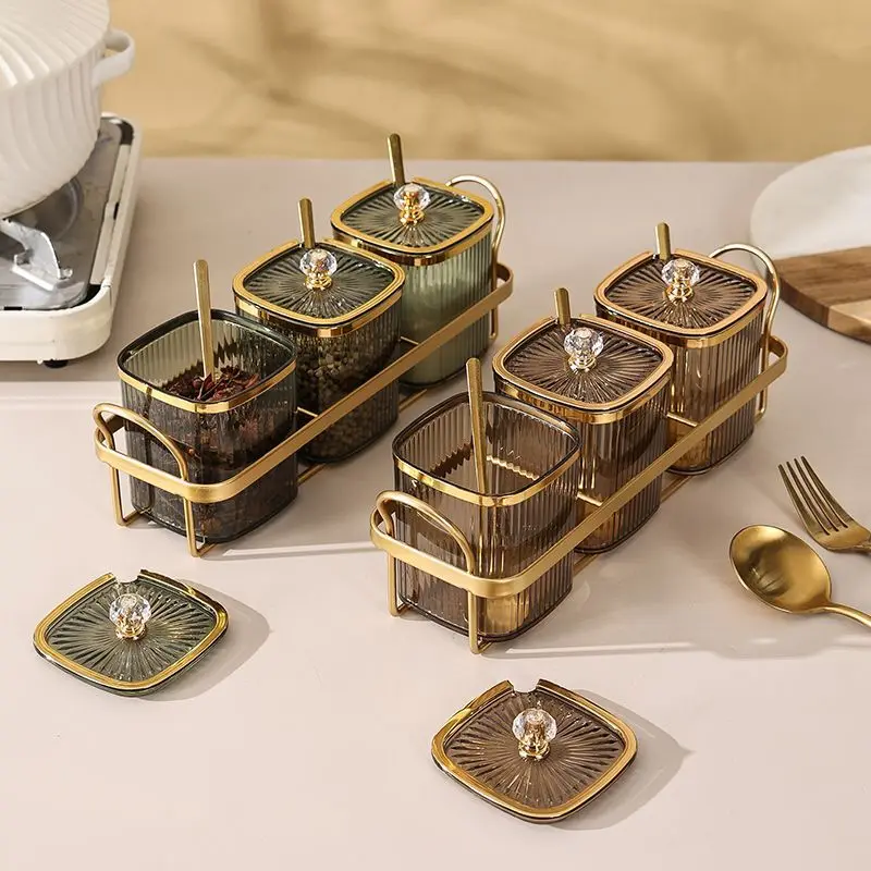 Luxury Gold Plated Vertical Pattern Transparent Spice Jar Set Home Kitchen Salt Jar Chili Spice Storage Box Grain Storage Bottle seasoning jar rice storage jar