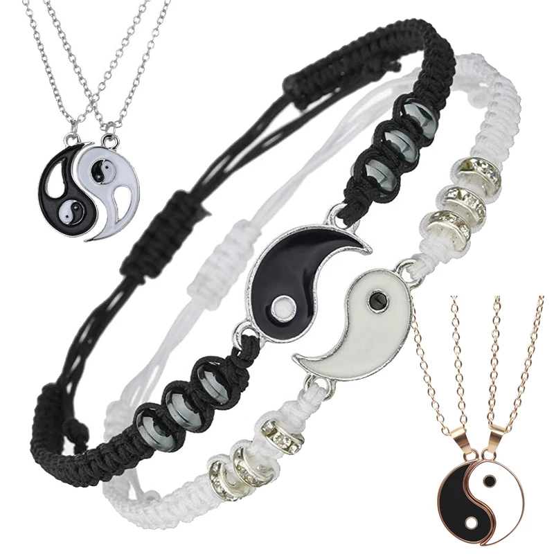 Handmade Tai Chi Yin Yang Couple Bracelets Alloy Pendant Adjustable Braid Chain Matching Lover Bracelets Necklaces Friendship metal bracelet