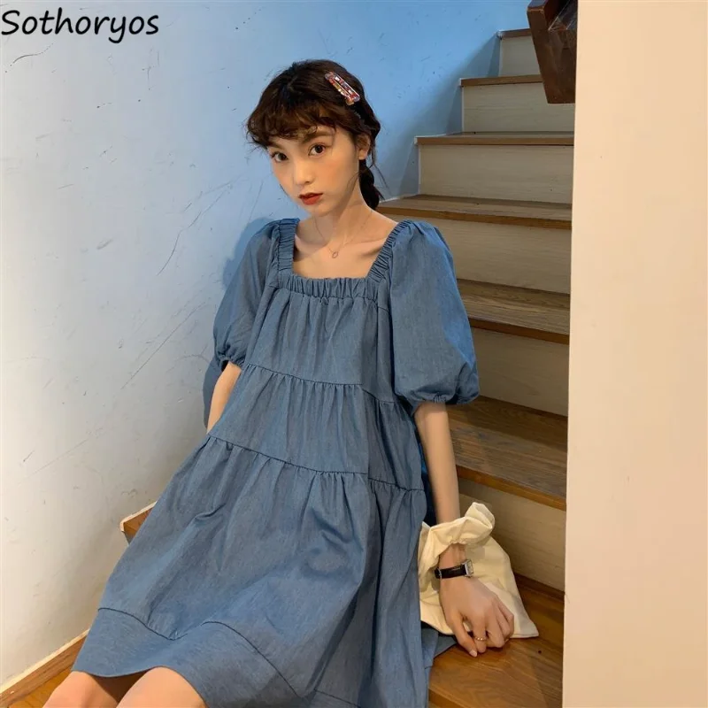 

Dresses Women Design Summer Sweet Puff Sleeve Fashion Students Simple Square Collar Preppy Loose Leisure Korean Style Mini Cozy