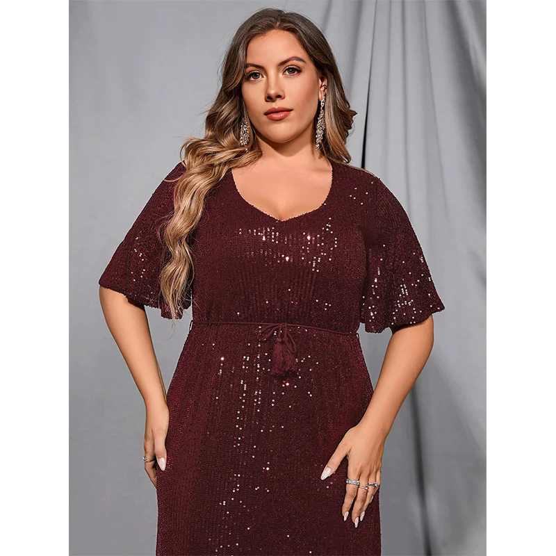 burgundy wrap dress short Zquuvou Women's Wrap V Neck Short Flared Sleeve Wedding Guest Dress Smocked Elastic Waist Tiered Belted Ruffle Hem Mini Dress Burgundy