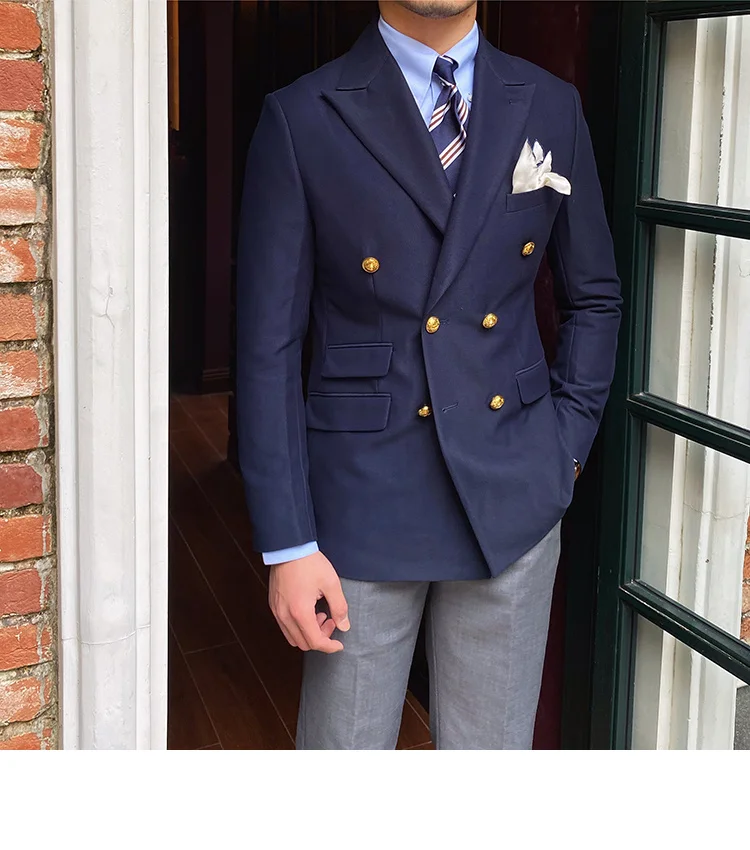 Formale Herren-Anzugjacke, schmale Passform, Marineblau/Braun, langärmelig, spitzes Revers, zweireihiger Blazer, Business-Mantel, Arbeits- und Bürojacke – Detail 3