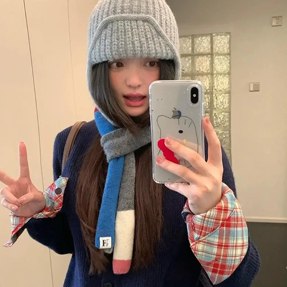 Korean Wool Striped Scarf Women's Thin And Narrow Long Scarf Y2K Girls Striped Decoration Scarves Winter Warm Patchwork Scarf