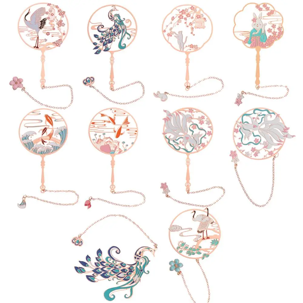Chinese Style Calligraphy Painting Bookmark Group Fan Book Clip Pagination Mark Metal Tassel Stationery School Office Supplies - 4