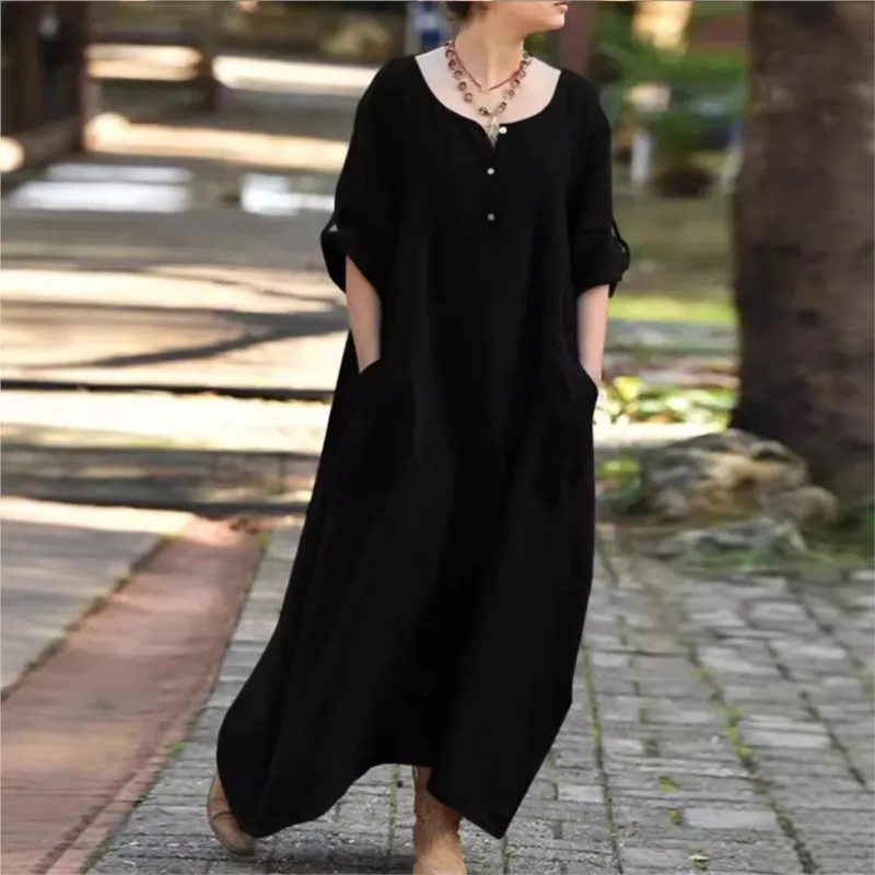 Casual Loose Cotton Linen Maxi Dresses Women's Autumn Long