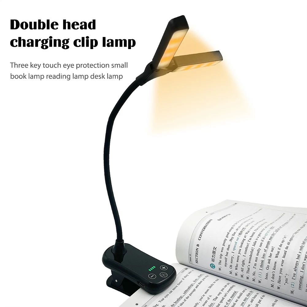 

Dual-Head Book Lamp Three-Button Touch Eye Protection Lamp Rechargeable Adjust Brightness for Travel Bedroom Reading