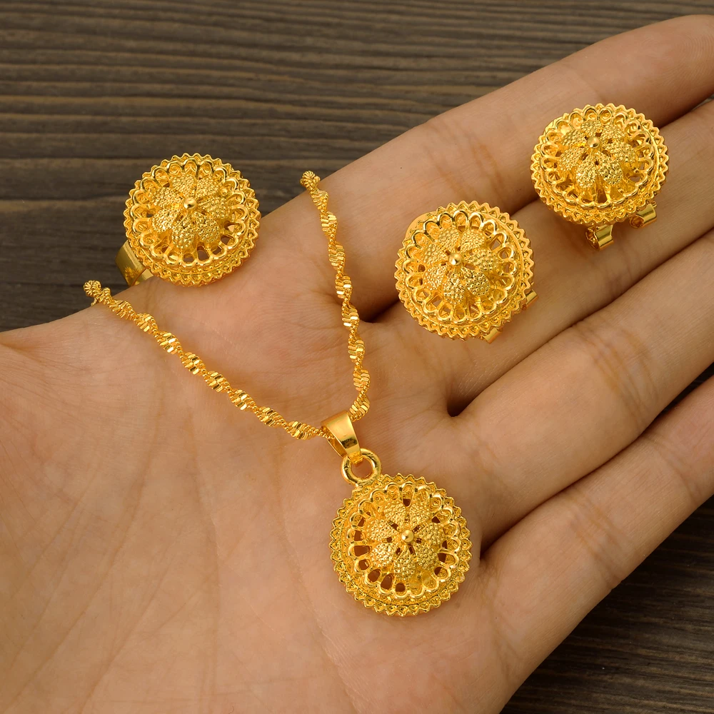 24K Gold Plated Ethiopian Jewelry Set For Women - African Eritrean Cultural Necklace & Earrings, Nickel & Lead Free