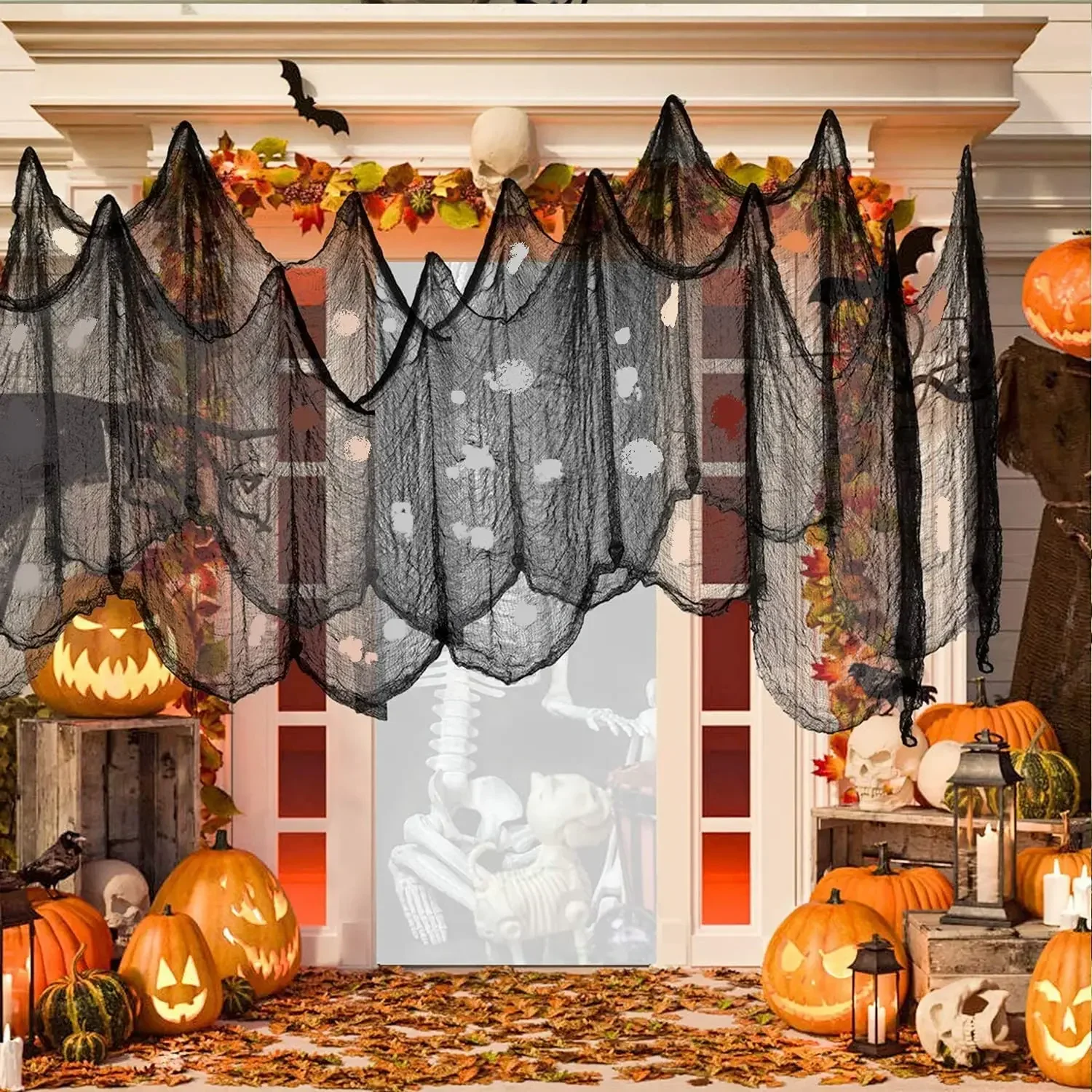 76x183cm Halloween Decorations Black Creepy Gauze Cloth Window Table Door Net Spooky Fancy Dress Party Haunted House Wall Decor 4