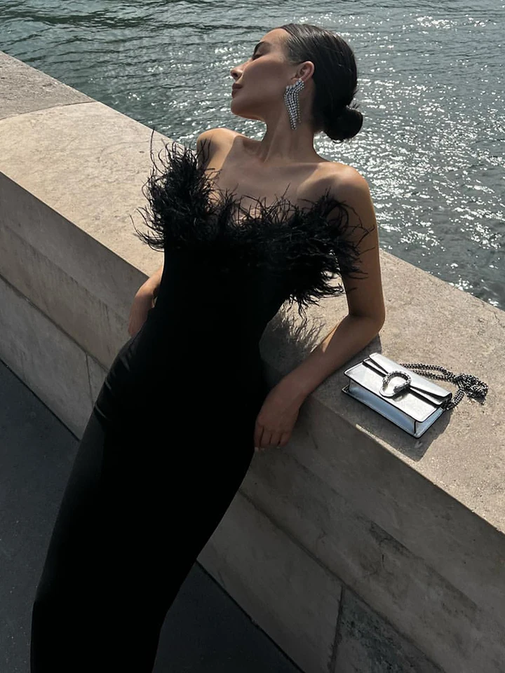 Vestito Fascia Senza Spalline Meilun In Piuma – Mini Abito Elegante Per Festa E Cocktail, Taglia S - 2