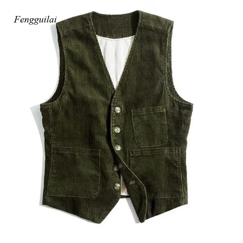 2024 Spring and Autumn Retro Corduroy Workwear Vest Pocket Splicing Solid Color Single Breasted British Coat Men's 5