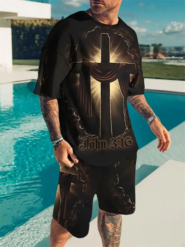 Fashion New Plus Size Men's Suit Cross Jesus Printed Suit Summer Cool Breathable Short Sleeve Drawstring Shorts Faith Clothing 3