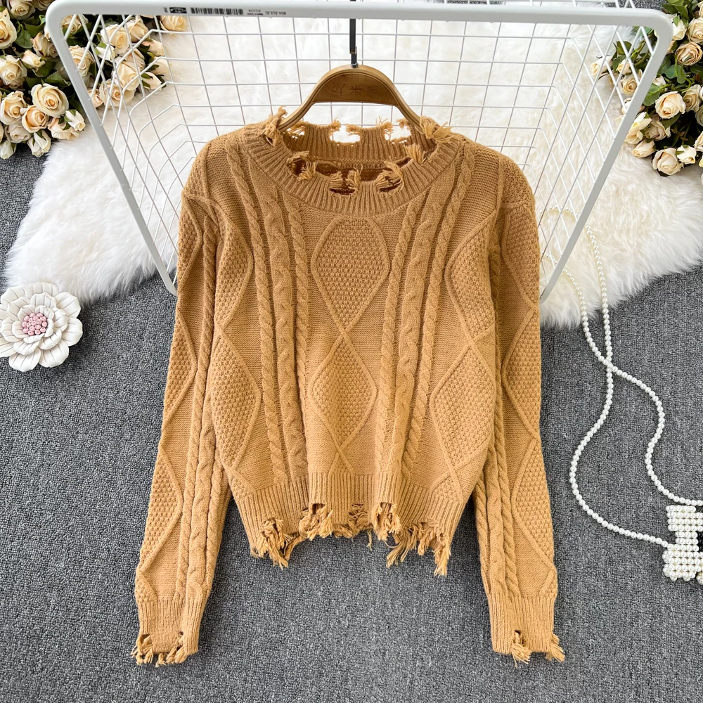 

Retro Style Twist Diamond Checked Sweater Top Style Round Collar Tassel High Waist Sweater