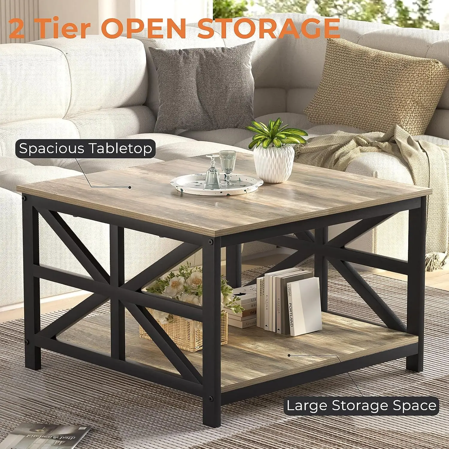 Coffee Table with Storage for Living Room, Small Square Center Tables with Seamless One-Piece Tabletop Farmhouse Style 5
