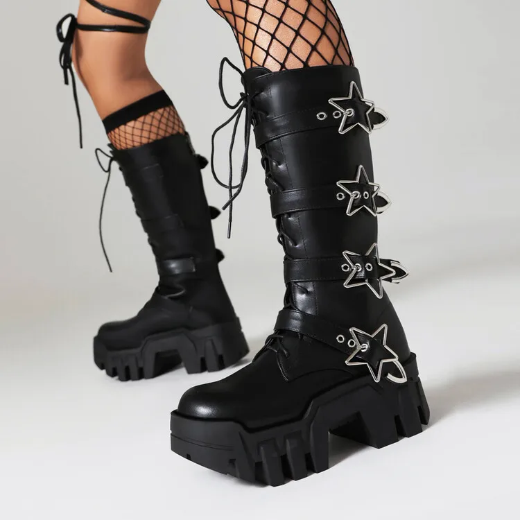 

Punk Style Star Metal Decoration Handsome Locomotive Boots Retro Square Head Thick Sole Heightening Strap Large Size Boots 35&44