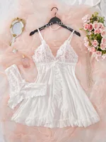 Ensemble de Lingerie Sexy pour femmes, soutien-gorge érotique, chemise de nuit, vêtements de nuit en dentelle, couleur unie, Slim, robes douces, col en V, Slip complet, vêtements de nuit et robes 6