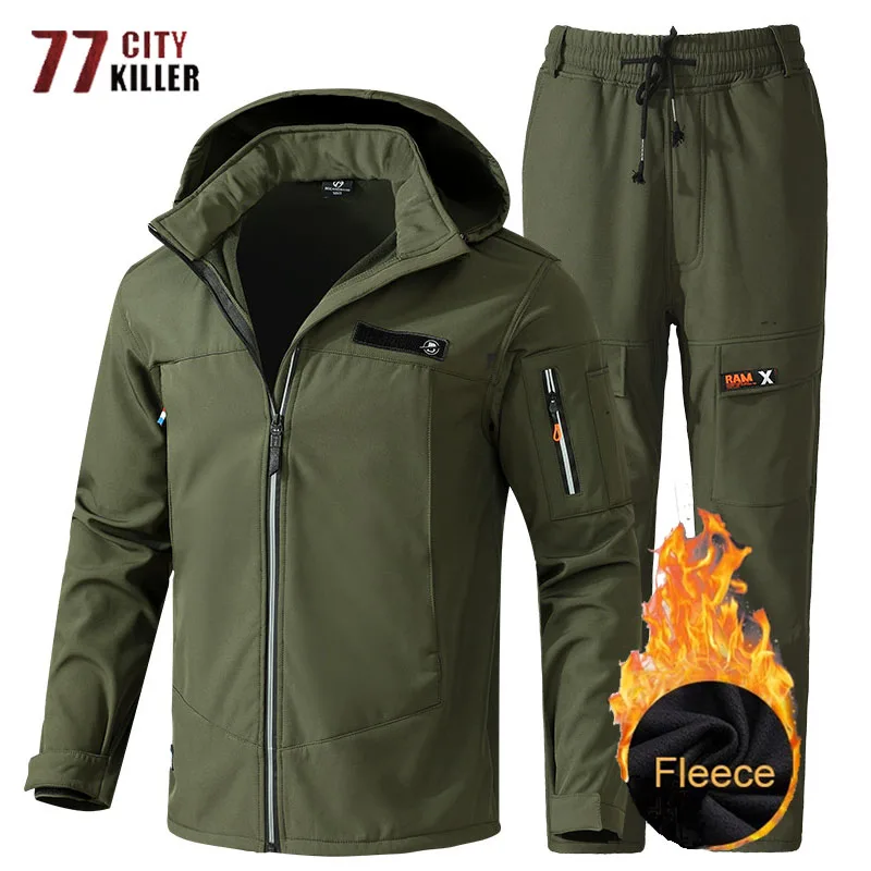 

Winter Fleece Soft Shell Tactical Suits Mens Windproof Waterproof Multi-Pockets Hooded Jackets Elastic Waist Pants Hiking Sets
