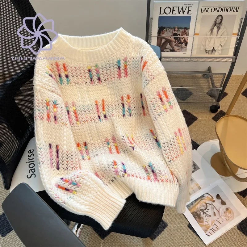 

Autumn Winter 2023 New Korean Fashion Knit Pullover Women Crew Neck Loose Long Sleeve Sweater for Female