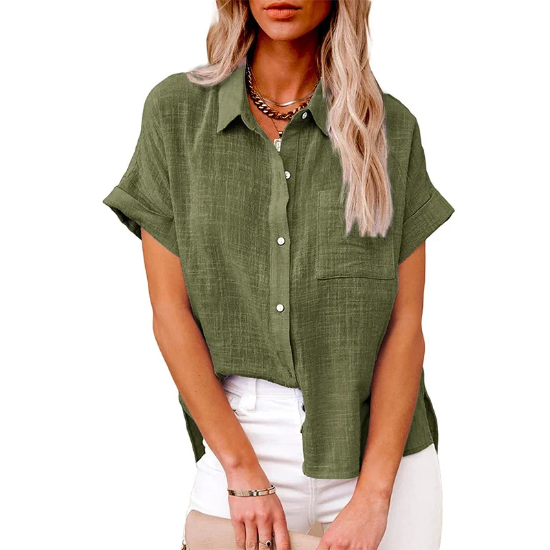 2023 Summer Solid Color Button Splicing Cardigan Shirt Female Elegant Loose Casual Commuter Blouse Women's Short Sleeve Tops 5XL