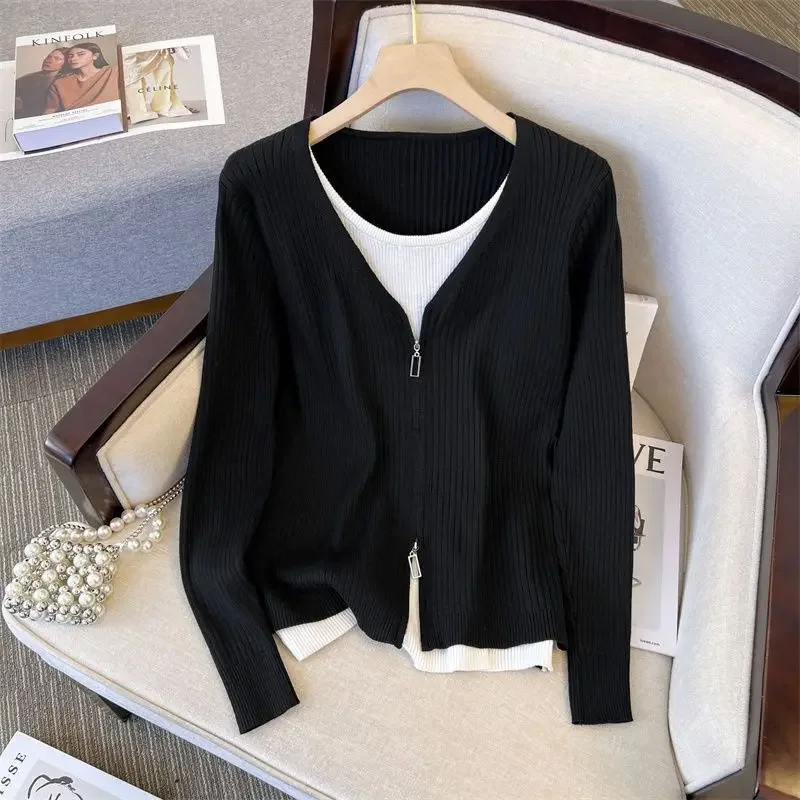 

Fake Two Piece Woman's New Autumn V Neck Zipper Color Block Knitted Shirts Female Korean Fashion Sweater Pullovers Women Jumpers