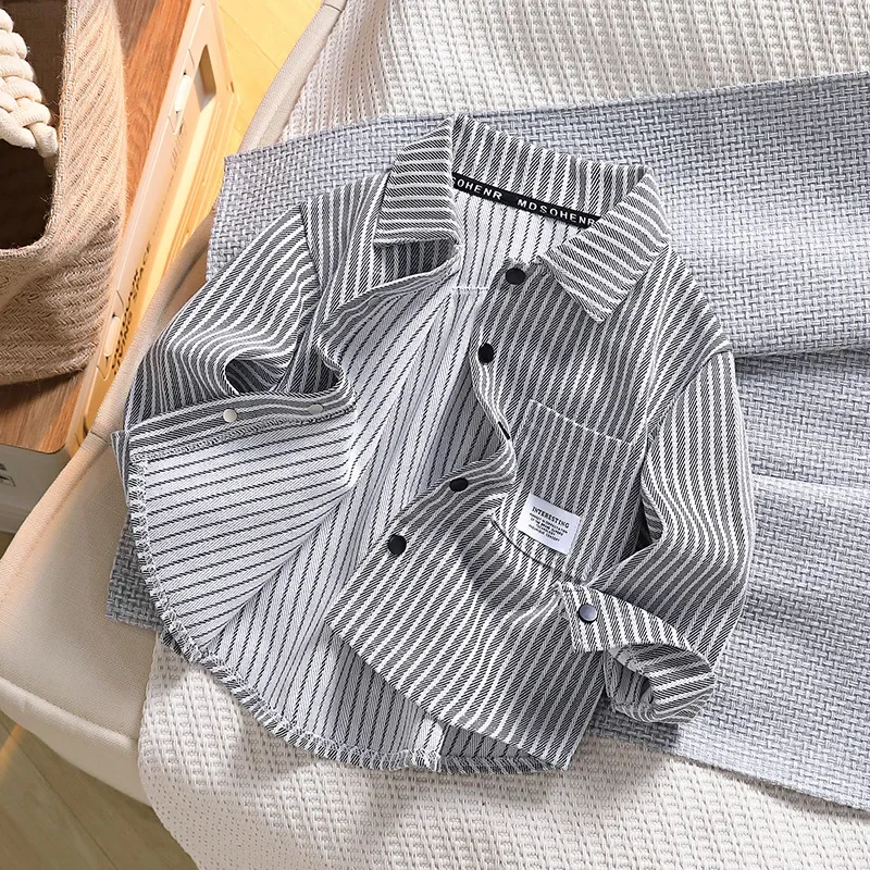 Stylish Children's Striped Shirt New Spring/Autumn Trendy Jacket Lapel Long Sleeve Streetwear For Boys Aged 10-16
