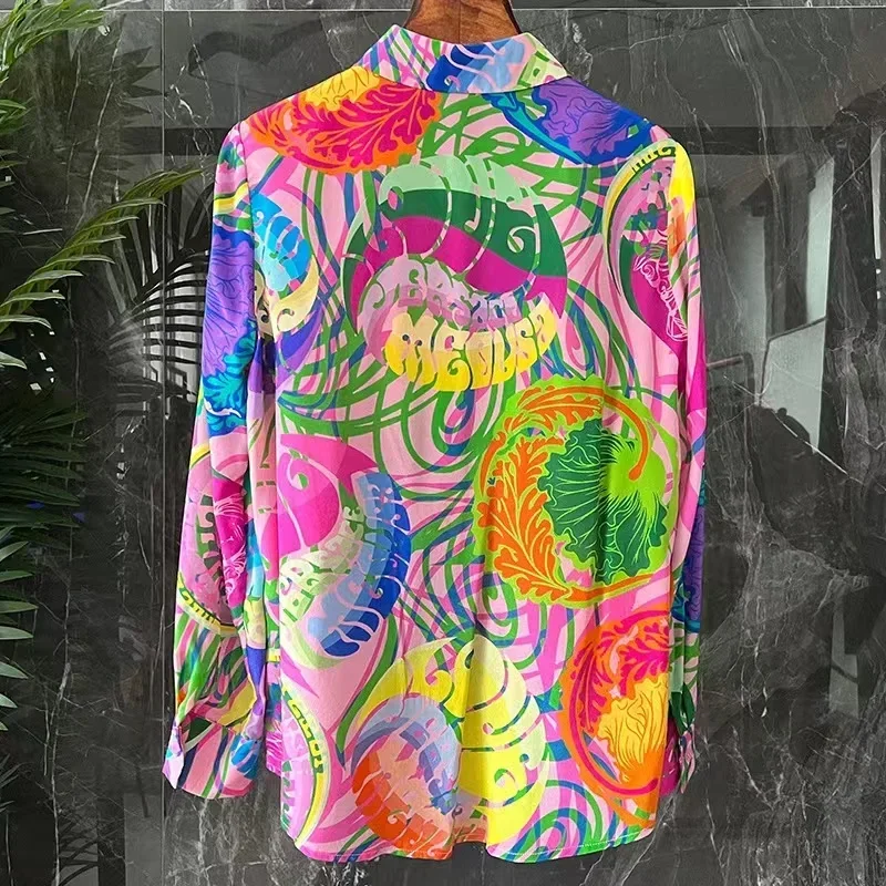 Silk Women's Shirt Loose Satin Printed Vintage Blouses Polo Neck Elegant Clothing Spring/Summer Fashion Full Tops 2024 Korean