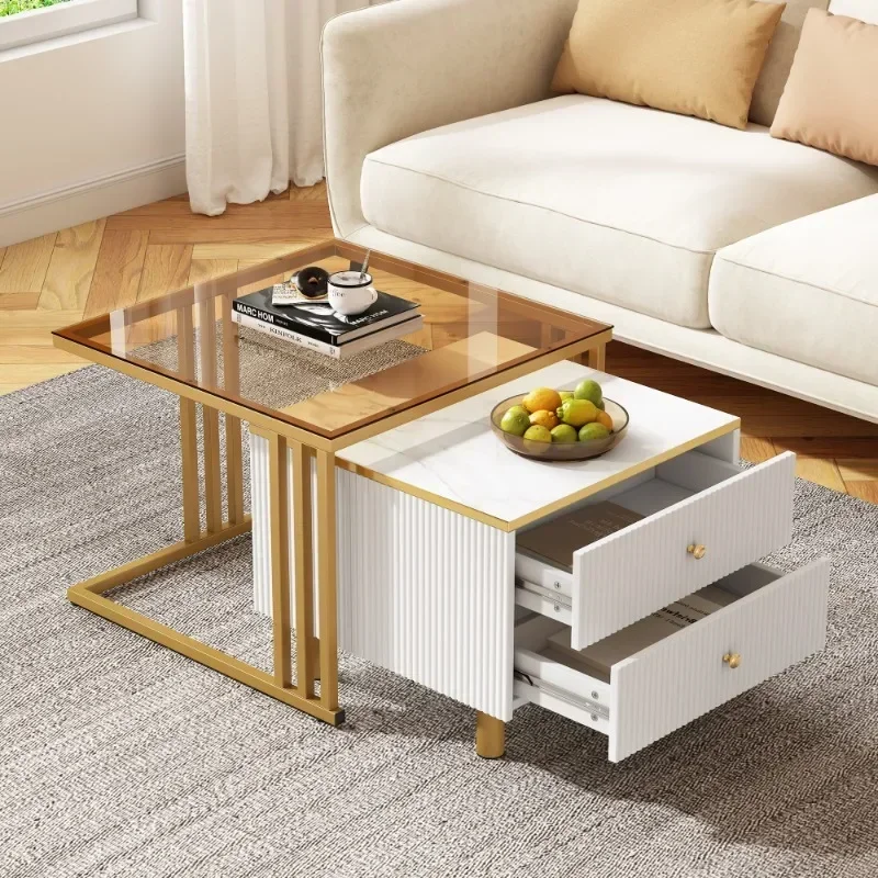 Eleganter 2-teiliger Couchtisch, quadratischer Tisch in braunem Glas und Marmoroptik, 59,5x60x45,6cm +50x50x40cm, 2 Schubladen,