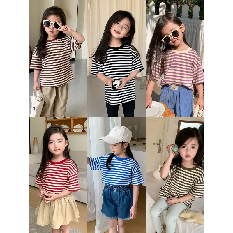 

XTY-ChildrenTT-shirt2024Spring Boys and Girls Striped Short Sleeve Children's round Neck Casual Loose Top