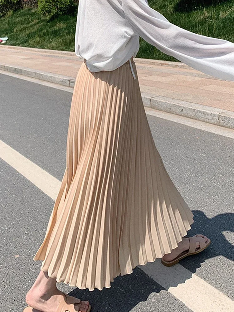 

Women's Stretch Pleated Midi Long Skirt Female Korean Fashion Casual High Waist Skirts Jupe Faldas 10 Colors 2024 Spring L448