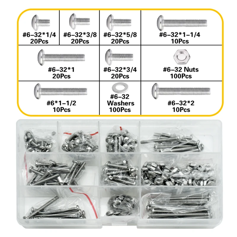 Machine Screw Assortment Kit #6-32 #8-32 #4-40 Phillips Pan Head Bolt and Nut with Flat washer 304 Stainless Steel Bolt set