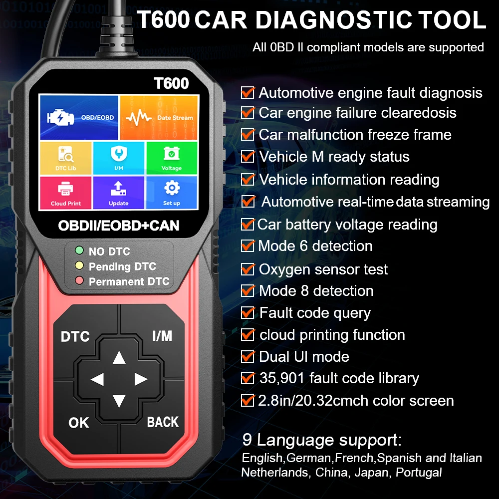 Support Cloud Print Oxygen Sensor Test Code Reader Car Diagnostic Tool Automotive DTC Lookup Professional OBD2 Scanner T600 3
