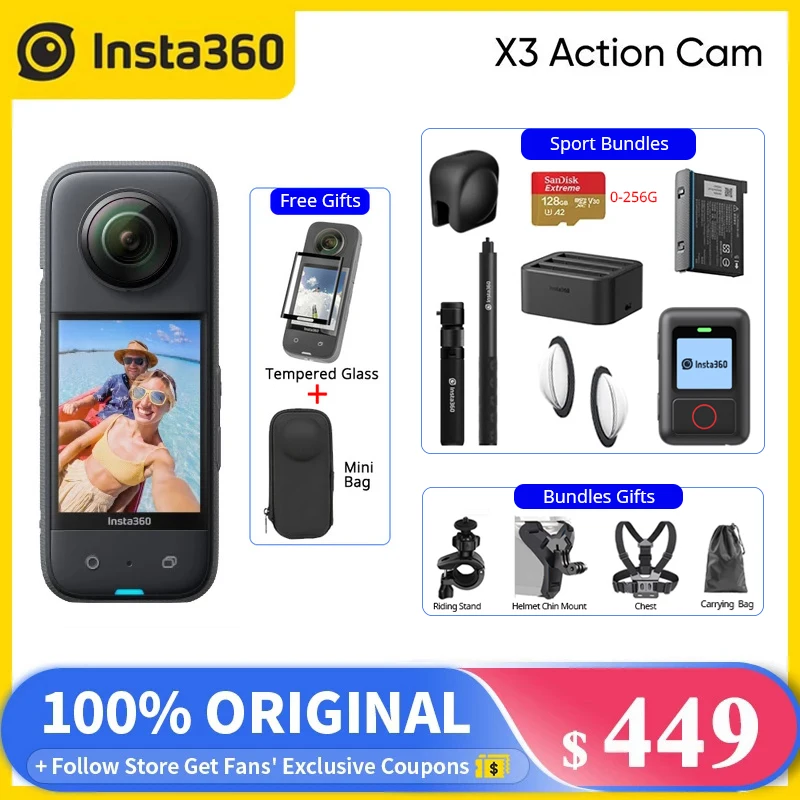 Insta360-X3 360スポーツカメラ,1つの画面,5.7k,video10m,防水,1800mahバッテリー,x3カメラ,在庫あり