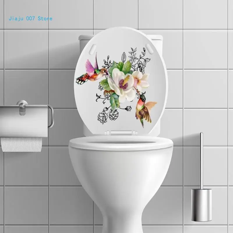 Creative Toilet Sticker Flowers and Birds Toilet Lid Decal Stool Commode Sticker Ornament for Bathroom Wall C9GA