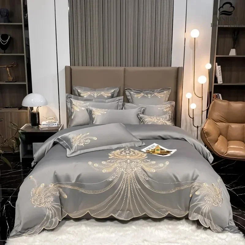 

AISIRUI Luxury Gold Feather Embroidery Egyptian Cotton Champagne Patchwork Duvet Cover Bed Sheet Pillowcases 4pcs Bedding Sets