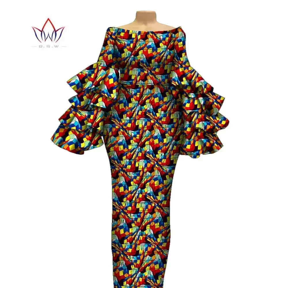 Stretch Elastic African Long Sleeve Dresses for Women Dashiki Print Dresses Multi-layer Vestidos Women African Clothing WY2126