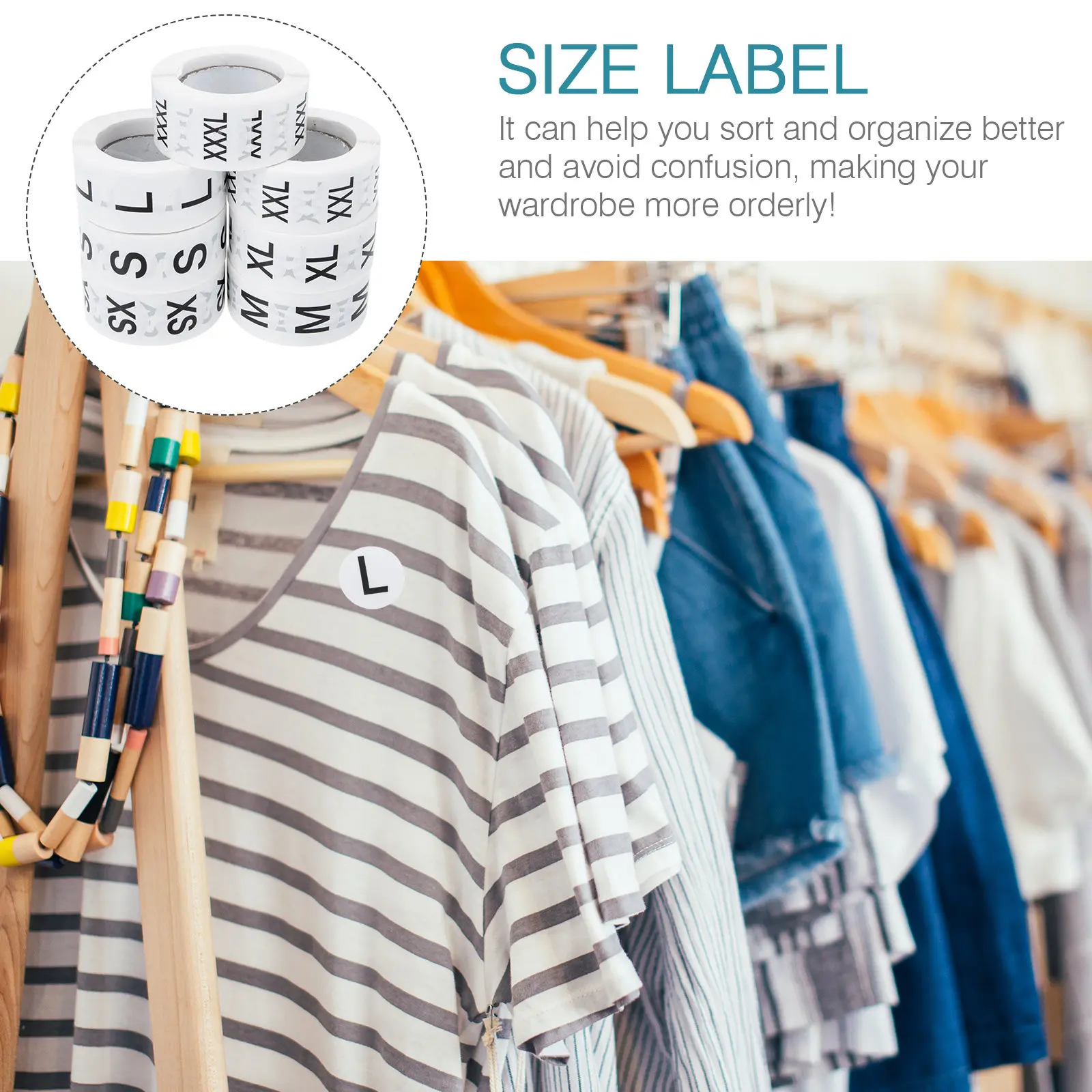 7롤 의류 사이즈 스티커 라벨, 투명 인쇄, 쉽게 떼어낼 수 있는 접착식 사이즈 라벨, 의류 매장, 티셔츠,  의류 분류용