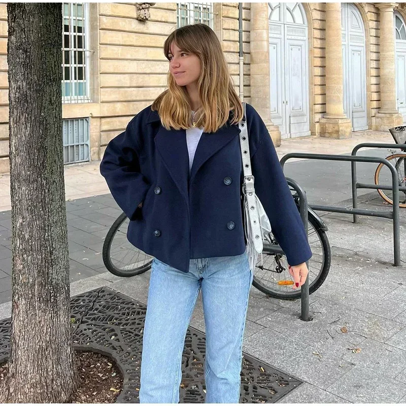 Loose Woolen Blends Coat Women Solid Lapel Double Breasted Pockets Jackets Autumn Winter Fashion Lady Office Outwear New