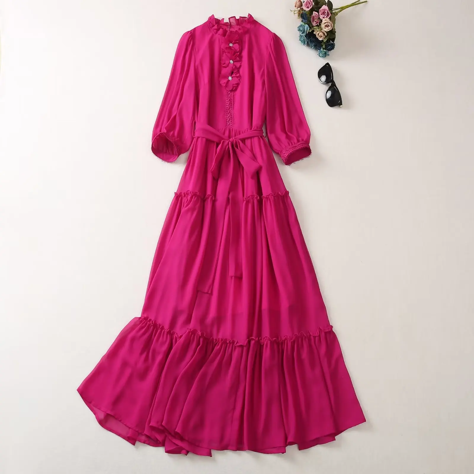 

European and American women's dress 2023 summer new style Floral stand collar with seven-point sleeves fashion Pleated dress XXL