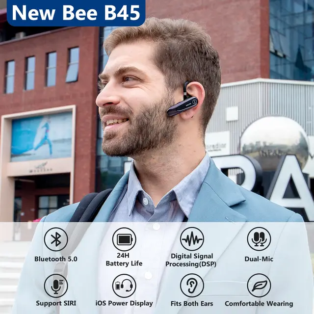 New bee [2 Pack] Bluetooth Earpiece V5.0 Wireless Handsfree Headset 24 Hrs  Driving Headset 60 Days Standby Time with Noise Cancelling Mic Headsetcase