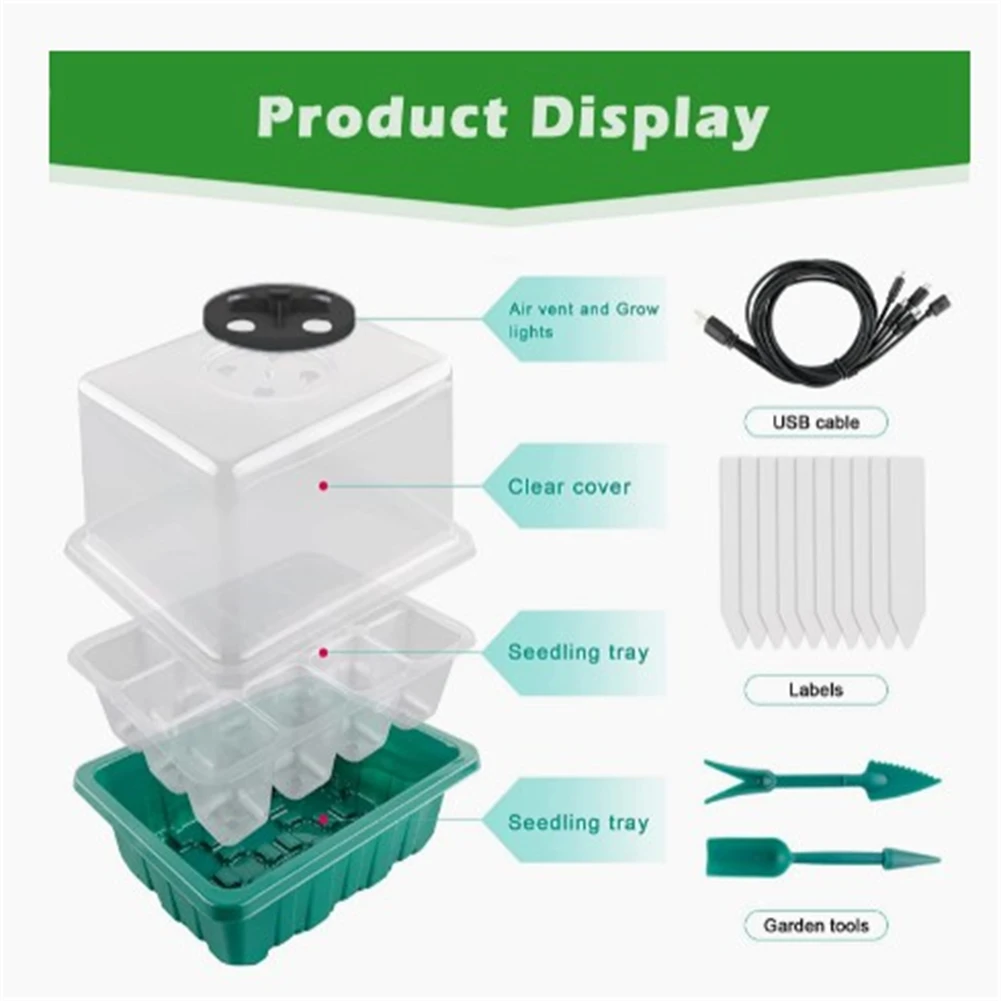 5pcs Seedling Tray With LED Grow Lights Plant Seed Starter Tray Kit Greenhouse Growing Trays With Holes 12 Cell Per Tra