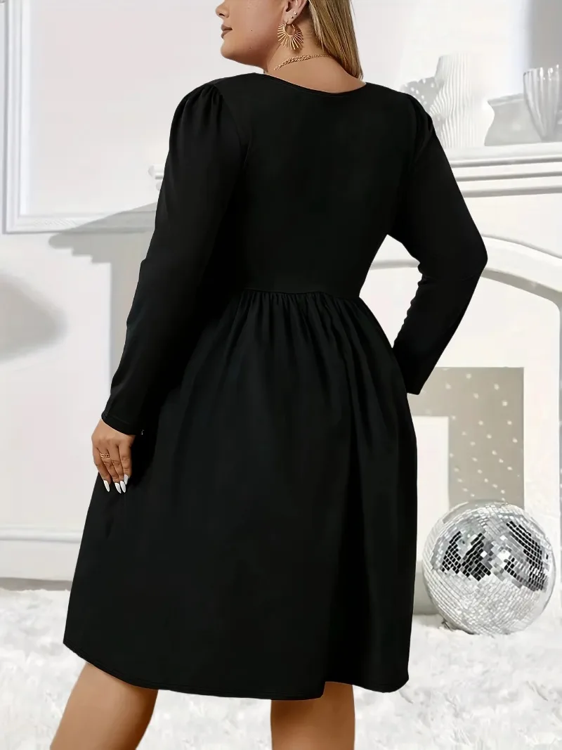 Robe décontractée à manches longues pour femmes, grande taille, col en V, inclinaison crantée, solide, document, non imprimé, mode féminine