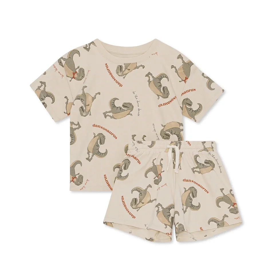 Ropa de verano para niños, camisetas de manga corta de dibujos animados, pantalones cortos, conjuntos estampados de paracaídas de dinosaurio cereza