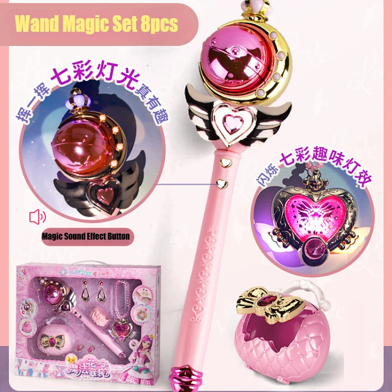 Pink Moon Fairy Magic Wand Colorful Glowing Musical Staff Playhouse Princess Toy Set with Bracelets Bags Earrings Girls Gifts